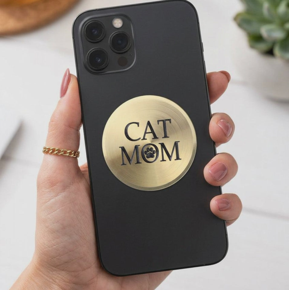 Video for Cat Mom Metal Stickems™ 2 Inch Gold Sticker with Spun Finish